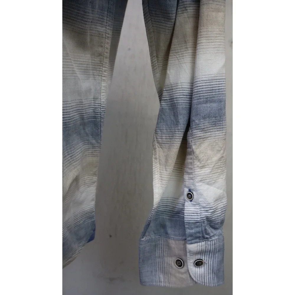32 Bar Blue Linen Blend Shirt Long Sleeve Button Front Size XL Blue White Brown